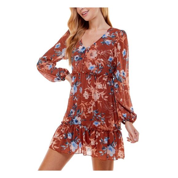 CITY STUDIO Womens Button Front Tiers Lined Long Sleeve Short Fit + Flare Dress - Picture 3 of 4